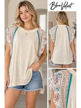Blue Velvet XL Boho Embroidered Sequin Tunic Top Beige Turquoise NWT
